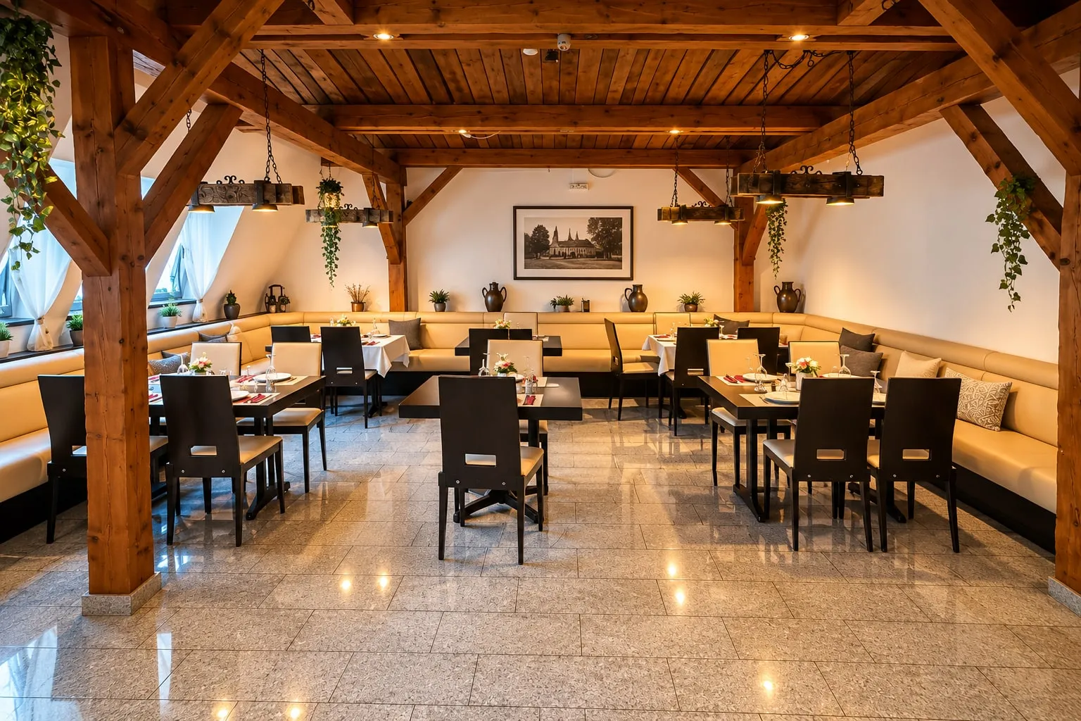 Frühstücksraum mit Holzgebälk